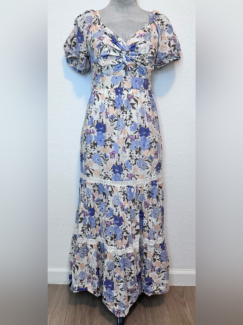 Japna Floral Cotton Maxi Dress Women’s Medium Blue Puff Sleeve